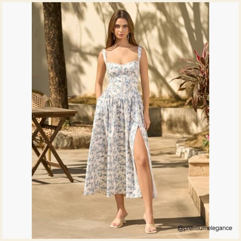 Floral Corset Midi Dress with Pockets, Smocked Back, Sweetheart Neck - Picture 6 of 7